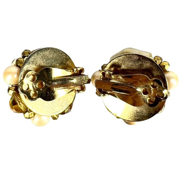 Vintage 60s Cream Grey Faux Pearl Rhinestone Cluster Clip On Earrings - Picture 2 of 3